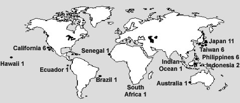 Map of Megamouth records (Jan 2007)